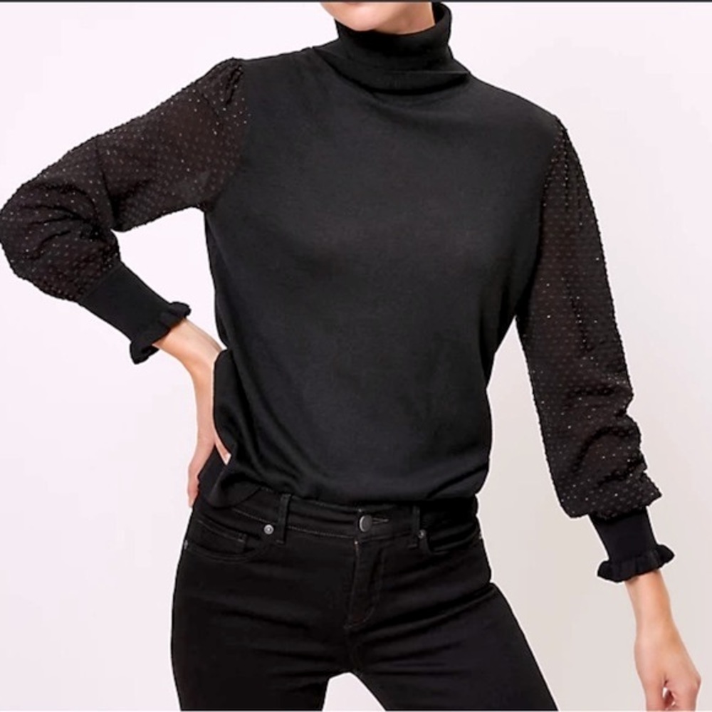 LOFT Turtleneck Sweater Plus Size 16 18 Black Wool Blend Mixed Media Chiffon